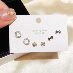 [3 Pairs] 925 Sterling Silver Diamond Earrings A